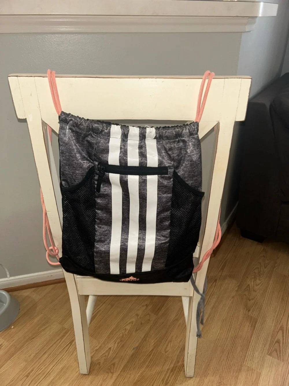 adidas Black Drawstring Backpack with Pink Accents and White Stripes - Picture 10 of 10
